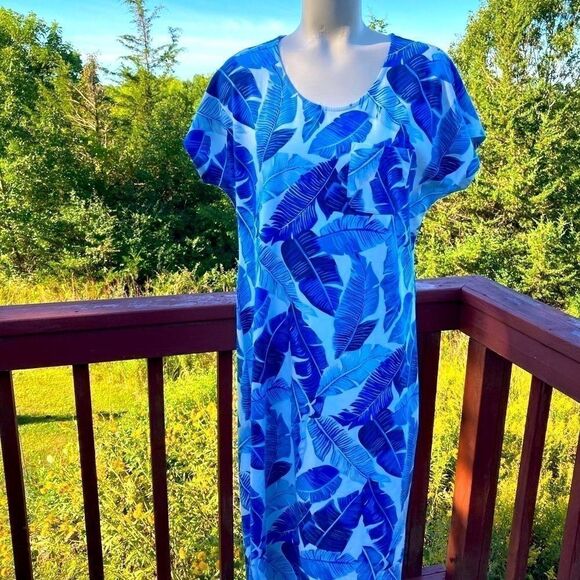 Land’s End  navy bright blue white abstract palm print Cotton midi dress SP - Picture 12 of 12